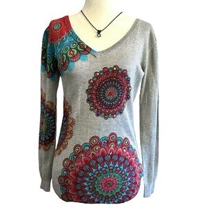 Desigual Vintage Y2K Boho Embellished Floral Mandala Gray V-Neck Sweater Large